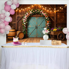 Lofaris Rustic Floral Barn Photography Backdrop with String Lights and Arch, Elegant Wood Background for Wedding Engagement Photoshoot