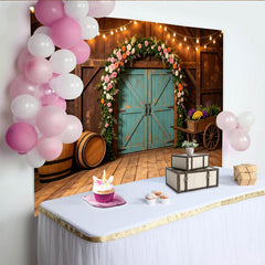 Lofaris Rustic Floral Barn Photography Backdrop with String Lights and Arch, Elegant Wood Background for Wedding Engagement Photoshoot