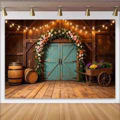 Lofaris Rustic Floral Barn Photography Backdrop with String Lights and Arch, Elegant Wood Background for Wedding Engagement Photoshoot