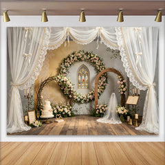 Lofaris Elegant Floral Wedding Backdrop with Stained Glass Window and Sheer Drapes, Romantic Photography Background for Event Decor