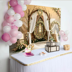 Lofaris Rustic Wooden Arch Wedding Backdrop with Stained Glass Window and Pink Roses, Elegant Floral Photography Background for Romantic Event