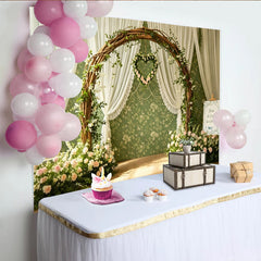 Lofaris Rustic Wooden Arch Wedding Backdrop with Pink Roses, Elegant Floral Background for Romantic Ceremony Photoshoot
