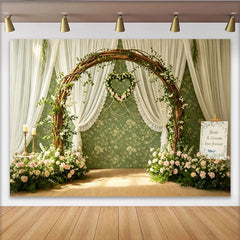 Lofaris Rustic Wooden Arch Wedding Backdrop with Pink Roses, Elegant Floral Background for Romantic Ceremony Photoshoot
