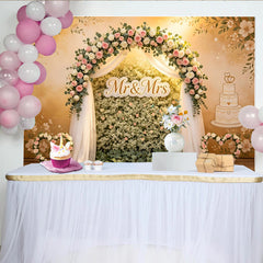 Lofaris Elegant Floral Wedding Backdrop with Pink Roses and Mr and Mrs Sign, Beautiful Wedding Cake Background for Romantic Event Photography