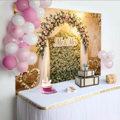Lofaris Elegant Floral Wedding Backdrop with Pink Roses and Mr and Mrs Sign, Beautiful Wedding Cake Background for Romantic Event Photography