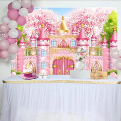 Lofaris Pink Fairytale Castle Photography Backdrop with Cherry Blossoms, Dreamy Princess Party Decor for Girls Photoshoot.