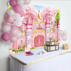Lofaris Pink Fairytale Castle Photography Backdrop with Cherry Blossoms, Dreamy Princess Party Decor for Girls Photoshoot.