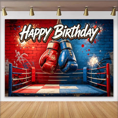 Lofaris Red and Blue Boxing Ring Sports Birthday Backdrop with Gloves, Dynamic Party Background for Photo Booth Props