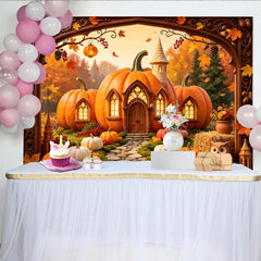 Lofaris Whimsical Pumpkin House Autumn Backdrop with Fall Leaves and Owl, Rustic Photo Booth Prop for Seasonal Events.