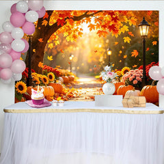 Lofaris Vibrant Autumn Photography Backdrop with Falling Maple Leaves and Pumpkins, Warm Street Lamps and Path, Scenic Fall for Photo