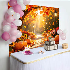 Lofaris Vibrant Autumn Photography Backdrop with Falling Maple Leaves and Pumpkins, Warm Street Lamps and Path, Scenic Fall for Photo