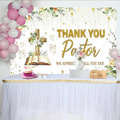Lofaris Gold Glitter Thank You Pastor Backdrop with Cross and Lilies, Religious Appreciation Event Background for Church Decor.