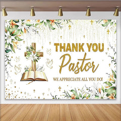 Lofaris Gold Glitter Thank You Pastor Backdrop with Cross and Lilies, Religious Appreciation Event Background for Church Decor.