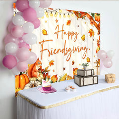 Lofaris Happy Friendsgiving Thanksgiving Backdrop with Autumn Leaves and Pumpkins, Festive Harvest Party Decor for Dinner Celebration