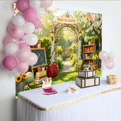 Lofaris Lush Garden Back To School Backdrop with Archway, Books and Globe, Educational Photography Background for Studio