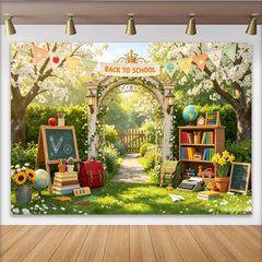 Lofaris Lush Garden Back To School Backdrop with Archway, Books and Globe, Educational Photography Background for Studio
