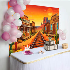 Lofaris Vibrant Cartoon Wild West Photography Backdrop with Desert Train Tracks and Saloon, Sunset Cowboy Theme Background