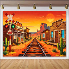 Lofaris Vibrant Cartoon Wild West Photography Backdrop with Desert Train Tracks and Saloon, Sunset Cowboy Theme Background