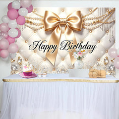 Lofaris Elegant Gold Happy Birthday Backdrop with Diamonds and Pearls, Luxurious Party Decor for Women and Girls Photoshoot
