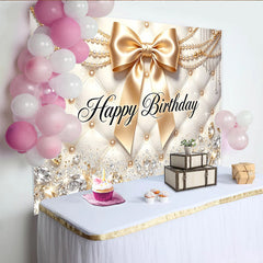 Lofaris Elegant Gold Happy Birthday Backdrop with Diamonds and Pearls, Luxurious Party Decor for Women and Girls Photoshoot