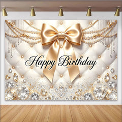 Lofaris Elegant Gold Happy Birthday Backdrop with Diamonds and Pearls, Luxurious Party Decor for Women and Girls Photoshoot