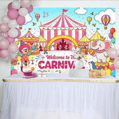 Lofaris Colorful Carnival Birthday Backdrop with Circus Tent and Clown, Festive Animal Party Background for Kids Celebration