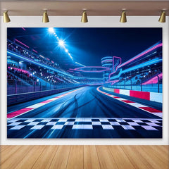 Lofaris Vibrant Neon Race Track Photography Backdrop, Bright Blue and Pink Lights Stadium Background for Event Photoshoot