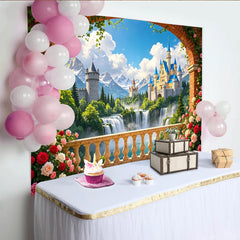 Lofaris Enchanted Fairytale Castle Photography Backdrop with Archway and Roses, Dreamy Mountain Waterfall Background for Princess Party Decor