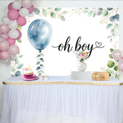 Lofaris Watercolor Blue Balloon Eucalyptus Oh Boy Baby Shower Backdrop, Greenery Gold Glitter Photo Background for Gender Reveal Party