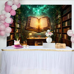 Lofaris Enchanted Magical Library Photography Backdrop with Glowing Book and Ivy, Vintage Bookshelf Studio Background for Fantasy Portraits