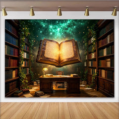 Lofaris Enchanted Magical Library Photography Backdrop with Glowing Book and Ivy, Vintage Bookshelf Studio Background for Fantasy Portraits