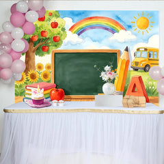 Lofaris Vibrant Back To School Backdrop with Apple Tree, Rainbow, and School Bus, Classroom Learning Theme for Photography