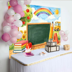 Lofaris Vibrant Back To School Backdrop with Apple Tree, Rainbow, and School Bus, Classroom Learning Theme for Photography