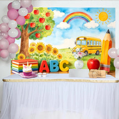 Lofaris Watercolor Back to School Photography Backdrop with School Bus, Apple Tree and Rainbow, Educational Studio Background for Photo