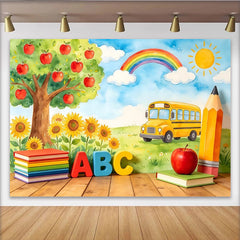 Lofaris Watercolor Back to School Photography Backdrop with School Bus, Apple Tree and Rainbow, Educational Studio Background for Photo
