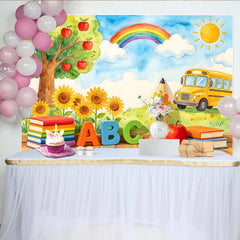 Lofaris Vibrant Watercolor Back to School Backdrop with Apple Tree and Sunflowers, ABC Books School Bus Photo Background for Classroom