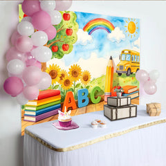 Lofaris Vibrant Watercolor Back to School Backdrop with Apple Tree and Sunflowers, ABC Books School Bus Photo Background for Classroom