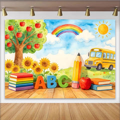Lofaris Vibrant Watercolor Back to School Backdrop with Apple Tree and Sunflowers, ABC Books School Bus Photo Background for Classroom