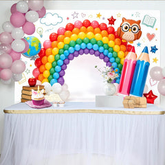 Lofaris Vibrant Rainbow Balloon Arch Back to School Backdrop with Globe and Pencils, Cute Owl Photography Background for Studio.