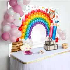 Lofaris Vibrant Rainbow Balloon Arch Back to School Backdrop with Globe and Pencils, Cute Owl Photography Background for Studio.