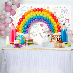 Lofaris Colorful Back to School Backdrop featuring Rainbow Balloons Pencils and Globe, Fun Photo Booth Prop for Classroom Decor