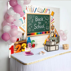 Lofaris Back to School Chalkboard Backdrop with Colorful Pencils and Books, White Brick Wall Photography Background for Classroom Decor