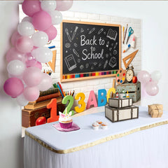 Lofaris Back to School Blackboard Backdrop with Colorful Pencils and ABC Numbers, White Brick Wall Background for Classroom Decor