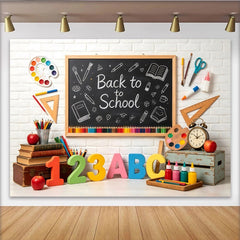 Lofaris Back to School Blackboard Backdrop with Colorful Pencils and ABC Numbers, White Brick Wall Background for Classroom Decor