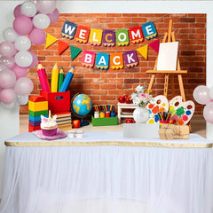 Lofaris Colorful Welcome Back to School Backdrop with Pencils and Paint, Brick Wall Background for Classroom Decoration and Photo Booth Props