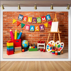 Lofaris Colorful Welcome Back to School Backdrop with Pencils and Paint, Brick Wall Background for Classroom Decoration and Photo Booth Props