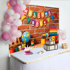 Lofaris Colorful Welcome Back to School Backdrop with Brick Wall, Educational Theme Background for Classroom Photography