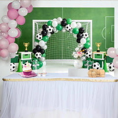 Lofaris Green Soccer Field Birthday Backdrop with Goal and Balloons, Festive Sports Theme Background for Kids Party Photoshoot