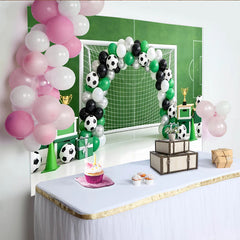 Lofaris Green Soccer Field Birthday Backdrop with Goal and Balloons, Festive Sports Theme Background for Kids Party Photoshoot
