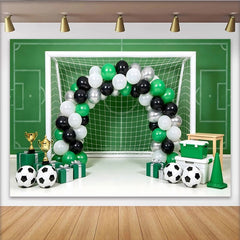 Lofaris Green Soccer Field Birthday Backdrop with Goal, Balloons and Trophies, Sports Theme Party Background for Photo Booth Decor